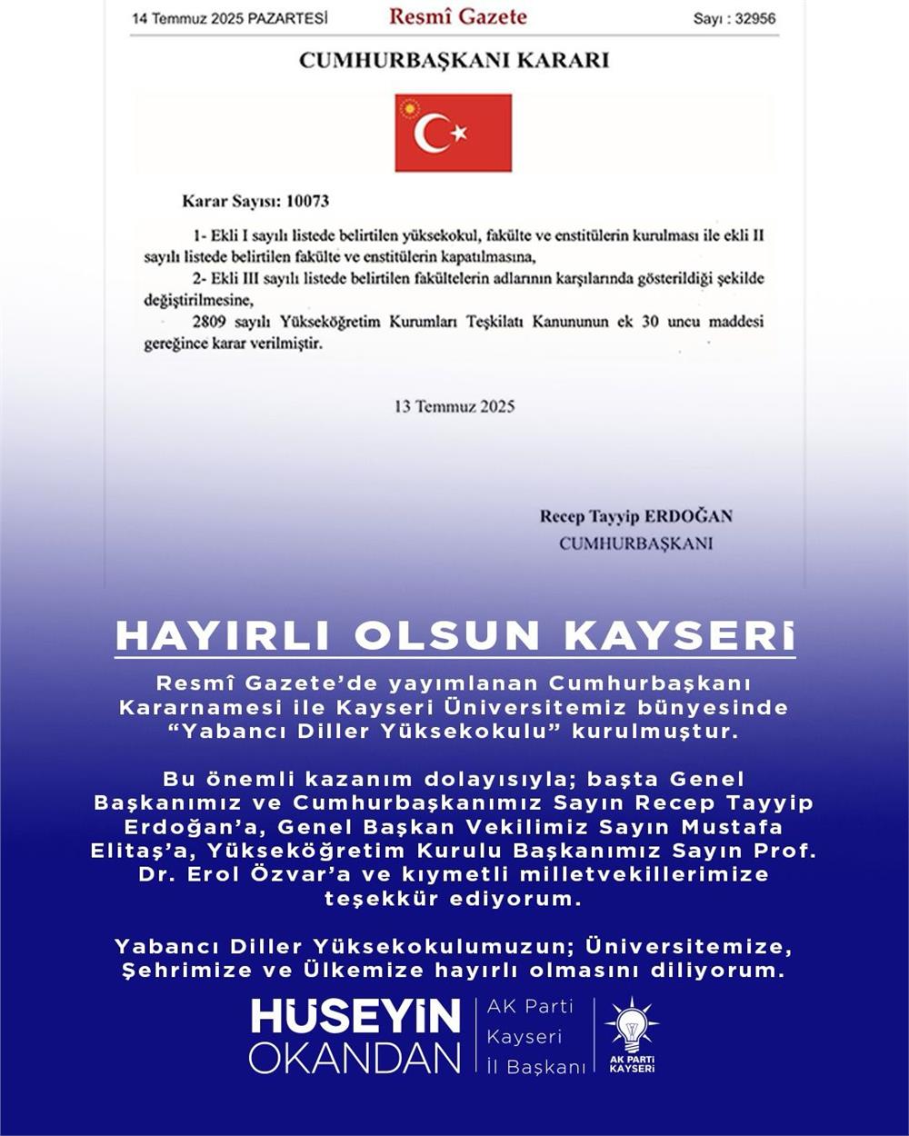 Kayseri'ye Yabancı Diller Yüksekokulu müjdesi Kayseri'ye Yabancı Diller Yüksekokulu müjdesi