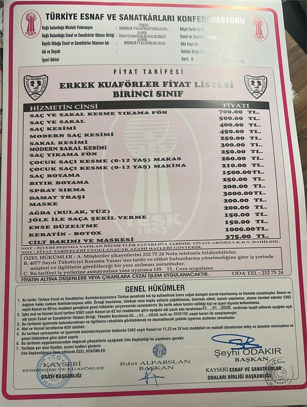 Kayseri’de berber ücretlerine zam