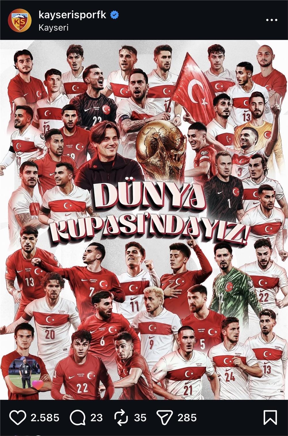 Kayserispor’dan Milli tebrik