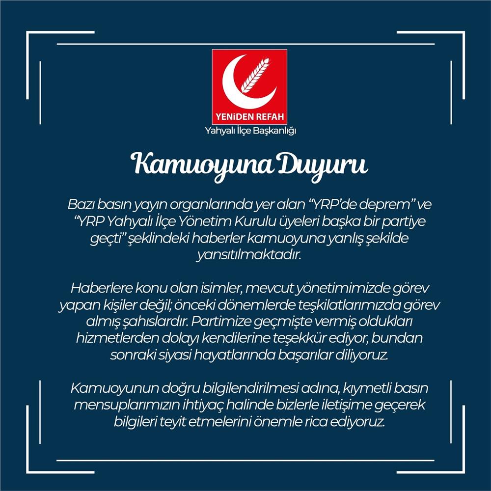 YRP Kayseri İl Başkanlığı’ndan kamuoyu açıklaması
