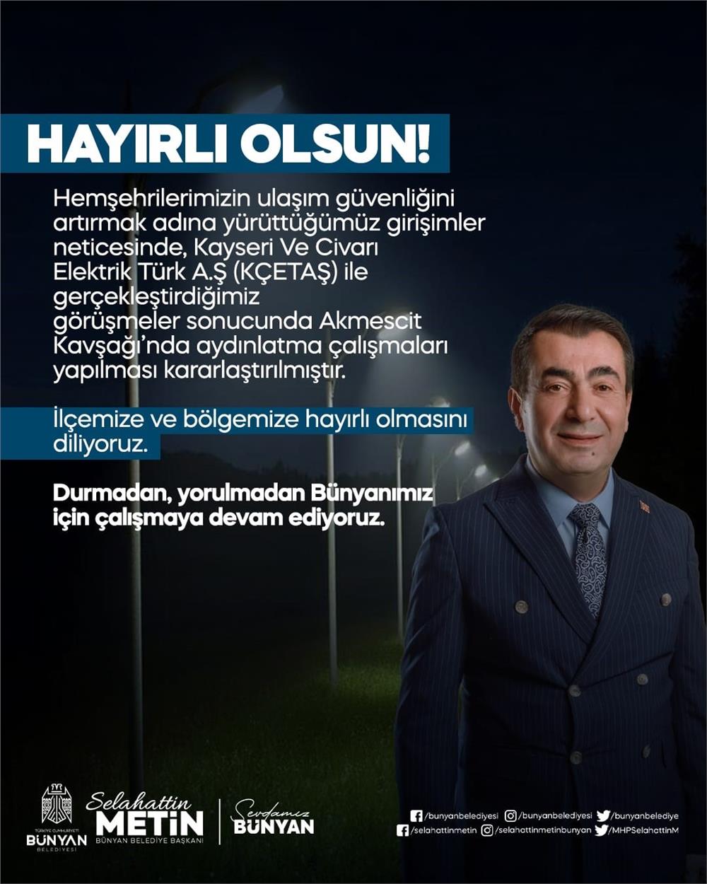 Bünyan'da Akmescit Kavşağı aydınlatılacak