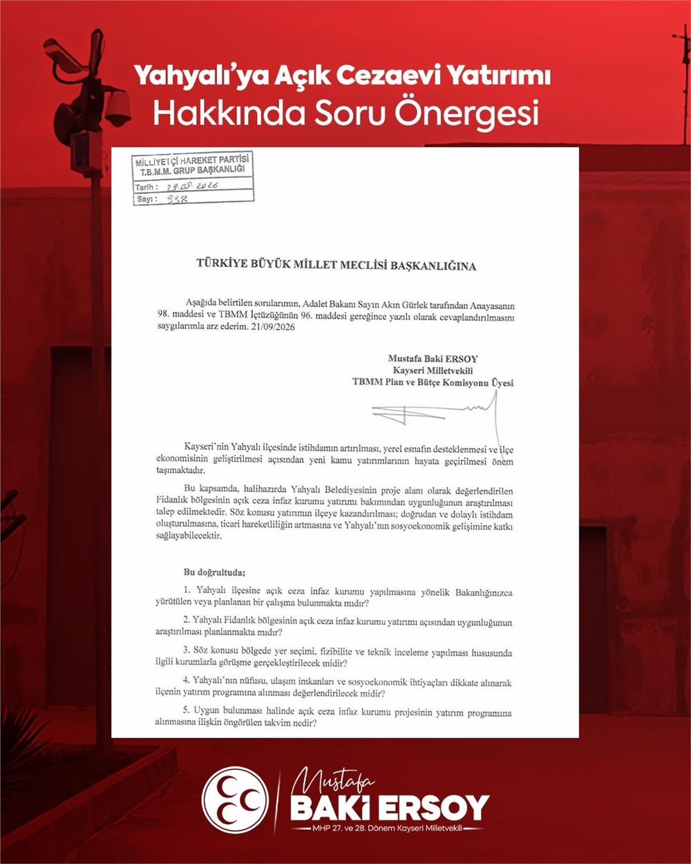 Baki Ersoy'dan Yahyalı'ya açık cezaevi yatırımı için soru önergesi