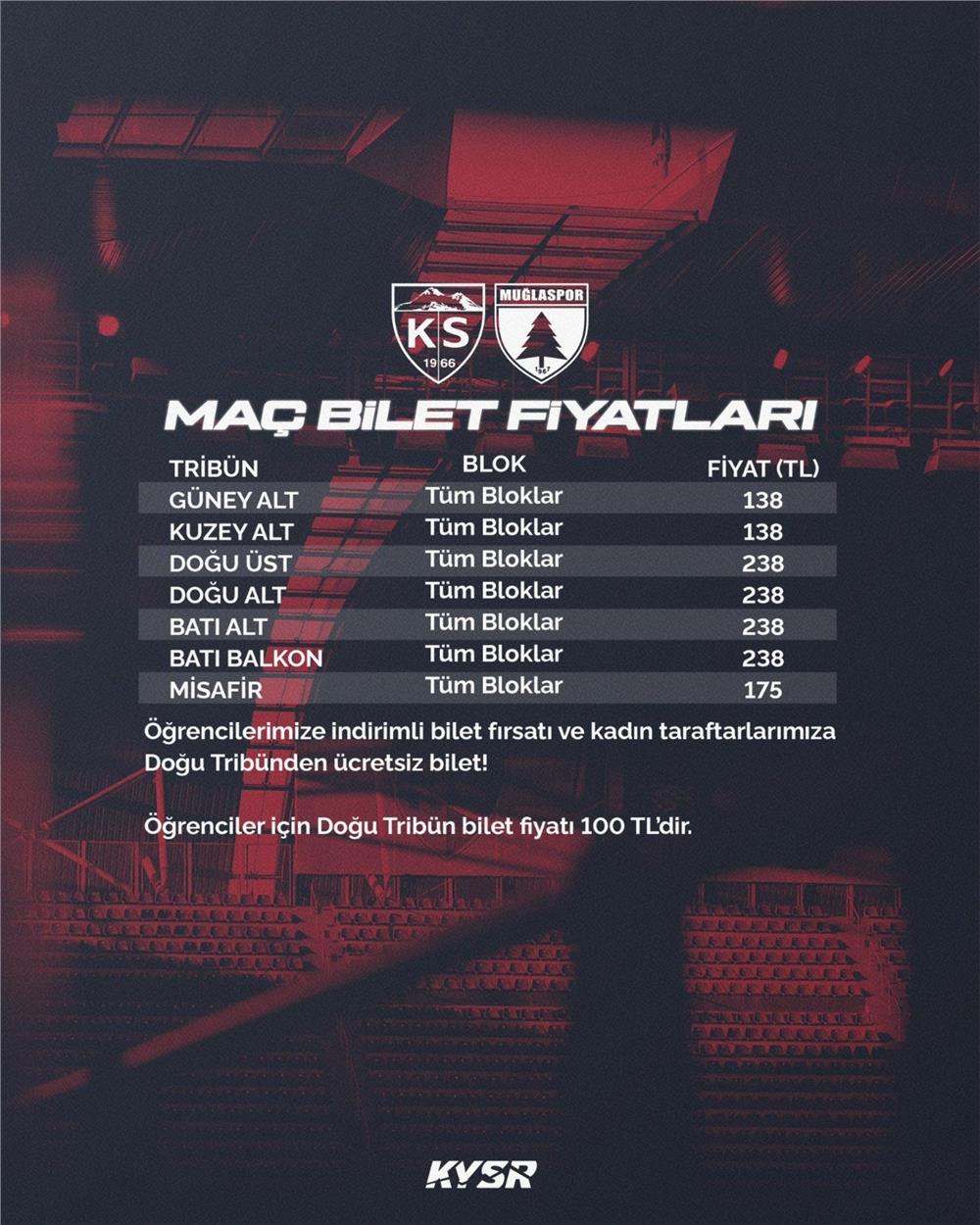 Kayserispor-Muğlaspor maçının bilet fiyatları belli oldu