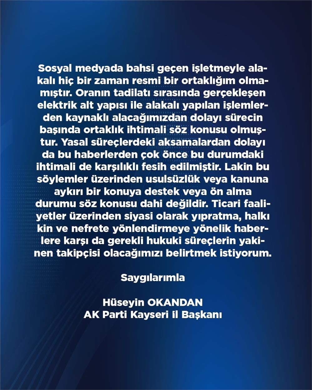 Okandan: Bahsi geçen işletmeyle alakalı hiç bir zaman resmi bir ortaklığım olmamıştır